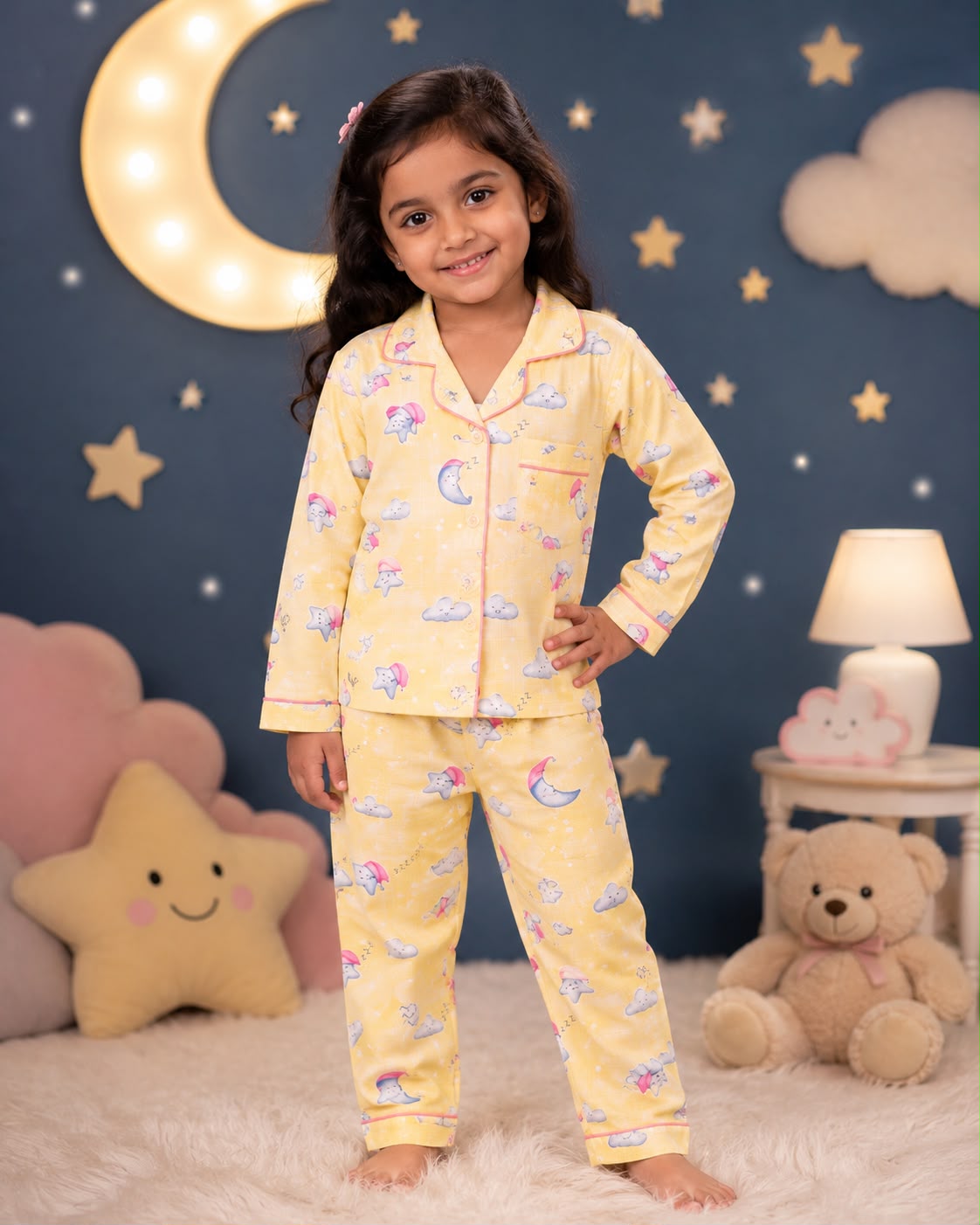 Cloudy Cuddles Yellow Muslin Night Suit