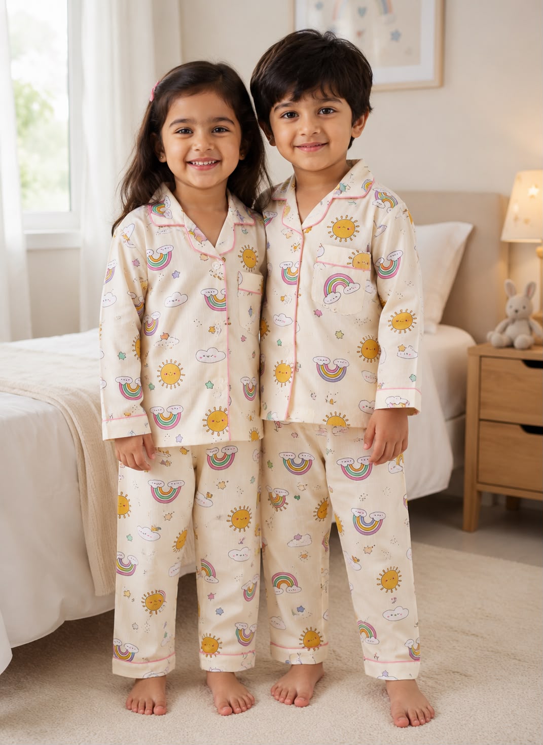 Rainbow Smiley Yellow Muslin Night Suit