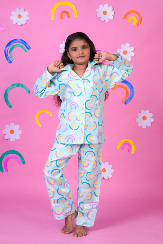 Rainbow Blooms Green Night Suit