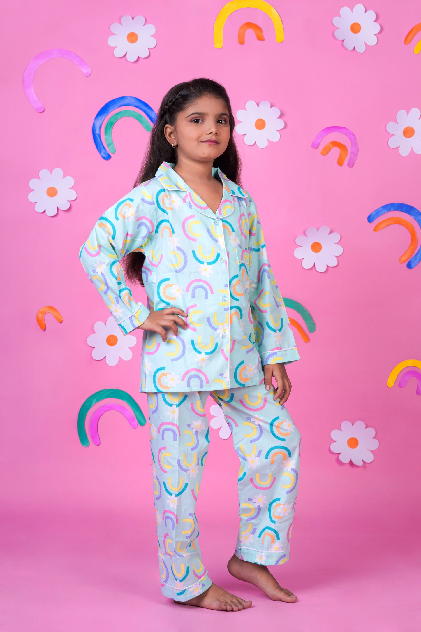 Rainbow Blooms Green Night Suit