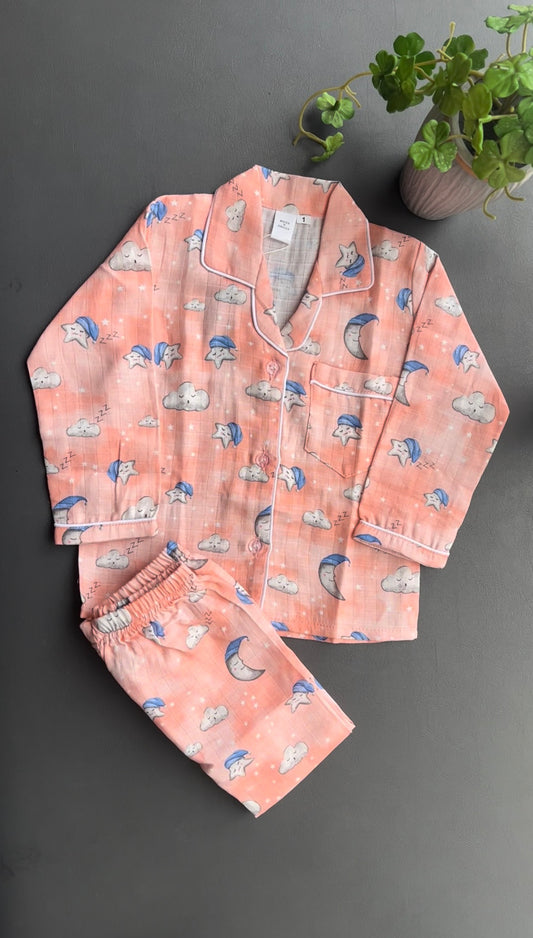 Cloudy Cuddles Peach Muslin Night Suit