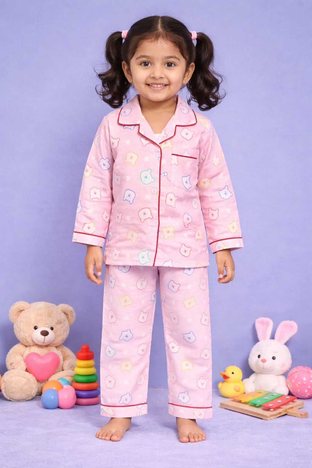 Blushy Bear Pink Muslin Night Suit