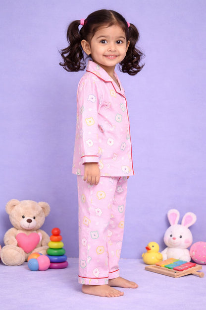 Blushy Bear Pink Muslin Night Suit