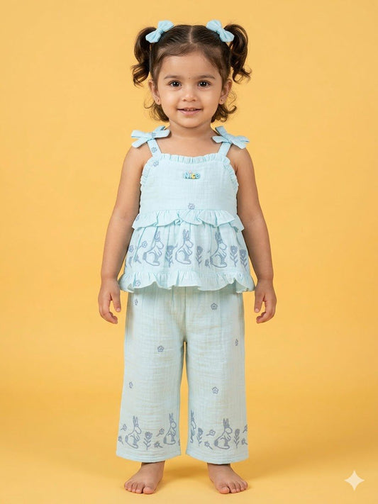 Bunny Breeze Blue Muslin Coord Set
