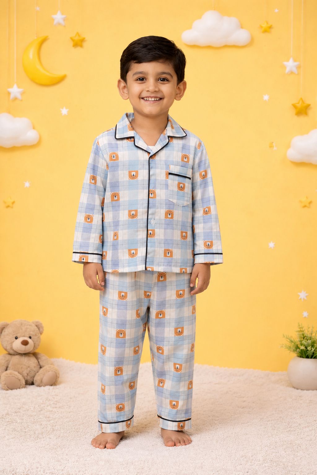 Dreamy Teddy Checks Night Suit