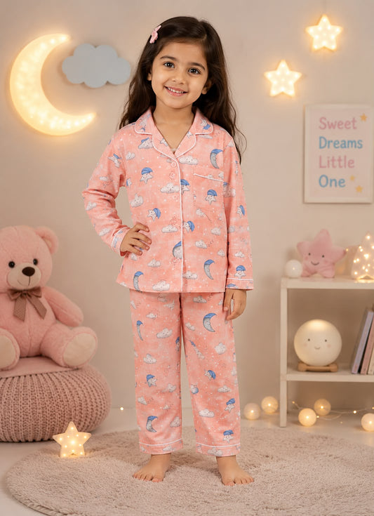 Cloudy Cuddles Peach Muslin Night Suit