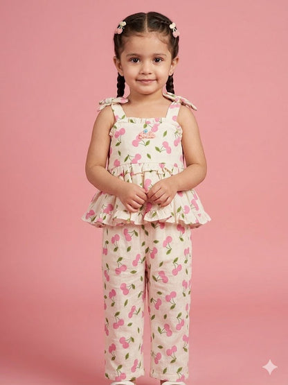Sweet Cherry Cream Muslin Coord Set