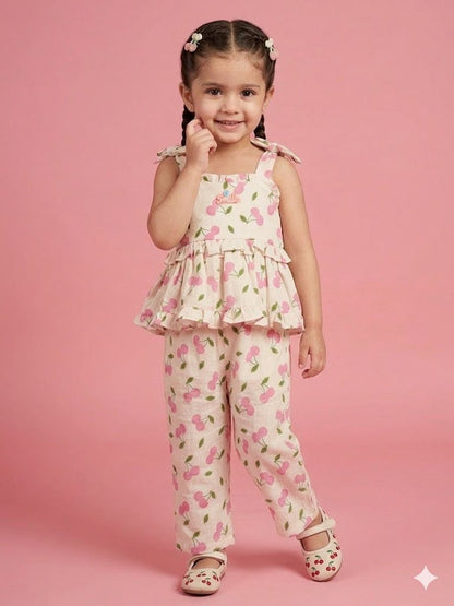 Sweet Cherry Cream Muslin Coord Set