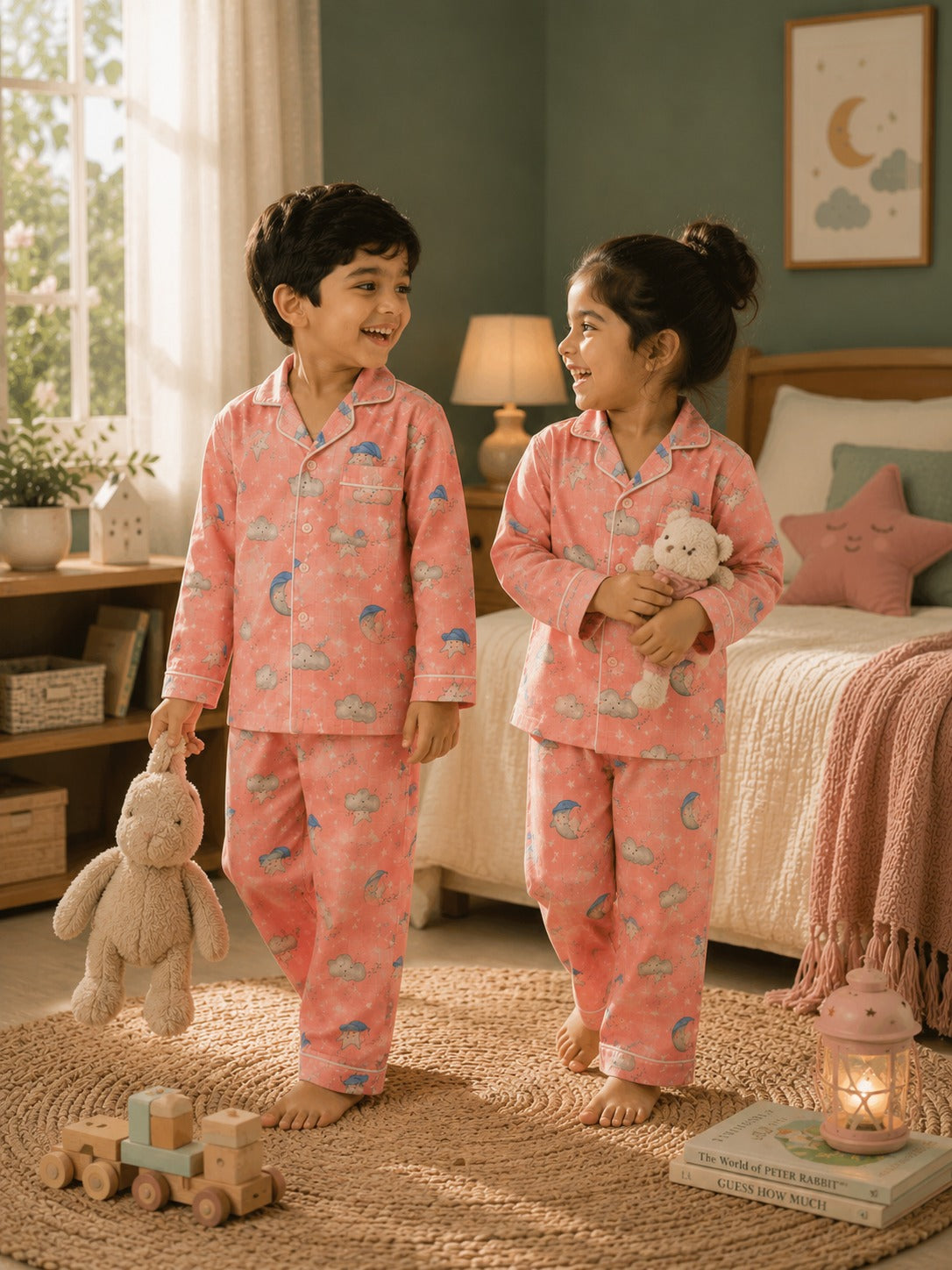 Cloudy Cuddles Peach Muslin Night Suit